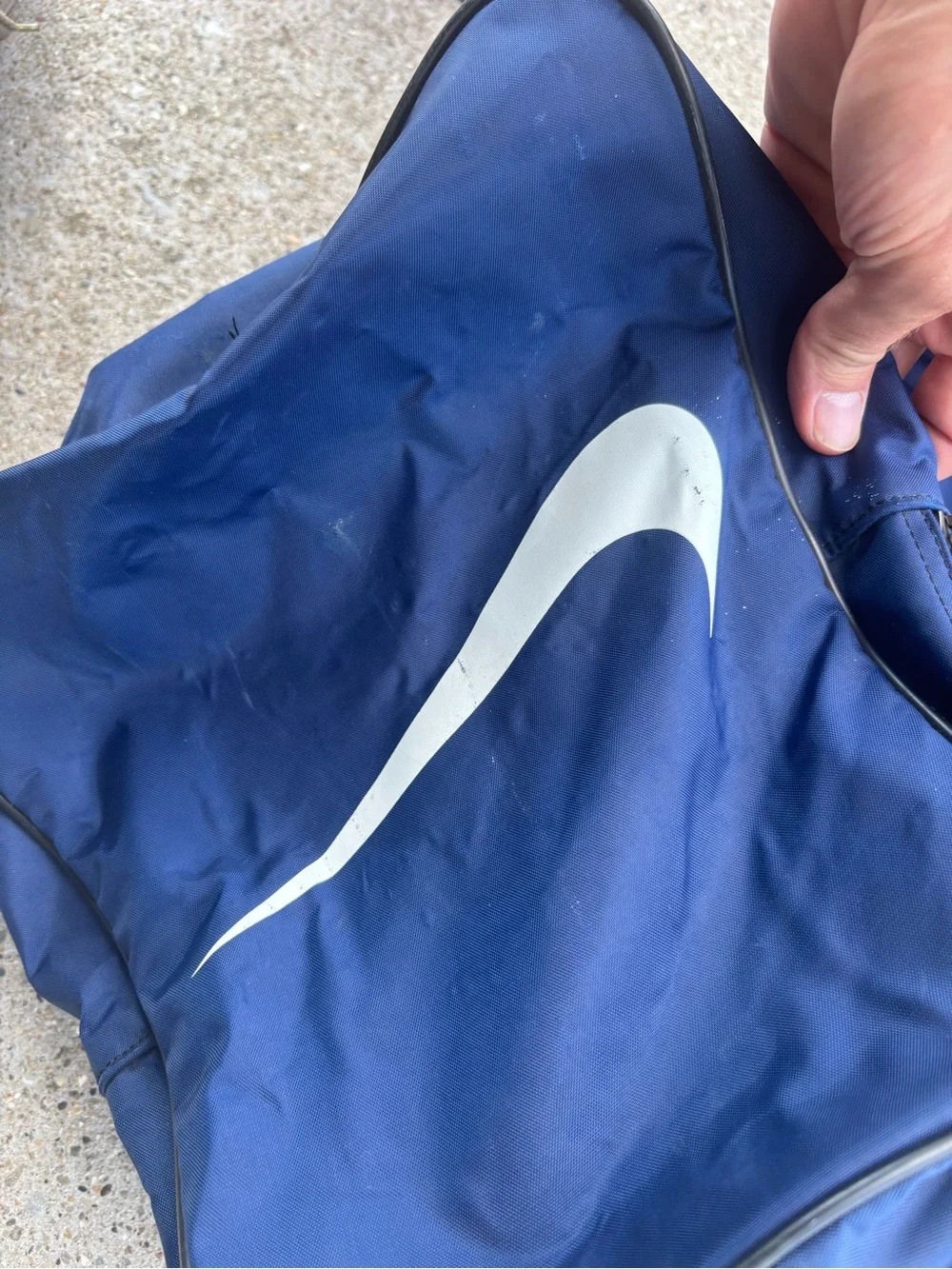 VINTAGE Nike Navy Blue Duffel Bag with White Swoosh